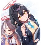  2girls ayane_(blue_archive) black_cola black_hair black_jacket blazer blue_archive blue_necktie breasts closed_mouth collared_shirt commentary_request eyewear_removed glasses grey_hair grey_skirt hair_between_eyes halo highres holding holding_eyewear jacket multiple_girls mutsuki_(blue_archive) necktie open_clothes open_jacket open_mouth orange_eyes plaid plaid_skirt pleated_skirt pointy_ears purple_eyes red-framed_eyewear school_uniform shirt skirt small_breasts sweater_vest white_shirt 