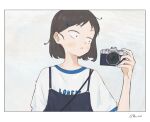  1girl :&lt; bob_cut border brown_hair camera clothes_writing commentary dated hair_ornament hairclip hand_up highres holding holding_camera iwakura_mitsumi light_blush looking_to_the_side shirt short_hair short_sleeves signature simuyutou skip_to_loafer solo t-shirt upper_body white_background white_border white_shirt 