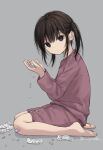  1girl bandaid bandaid_on_knee bandaid_on_leg barefoot brown_eyes brown_hair expressionless from_side holding_pill kneeling long_hair long_sleeves looking_at_viewer original pajamas ruimado shorts solo twintails 