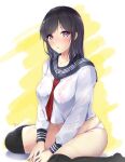  1girl black_hair blush breasts collarbone commentary_request covered_nipples dermar highres large_breasts long_hair looking_at_viewer necktie no_bra original panties parted_bangs purple_eyes sailor_collar school_uniform see-through sitting solo thighhighs underwear wariza wet wet_clothes 