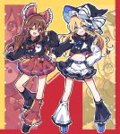  2girls ;d alternate_costume artist_name black_choker black_hoodie black_skirt blonde_hair blue_bow blue_nails bow braid brown_hair choker cropped_hoodie english_commentary frilled_hat frilled_leg_warmers frilled_skirt frills full_body grin hair_bow hakurei_reimu hand_on_own_hip hand_up hat hat_bow headphones heart heart_in_eye highres hood hood_down hoodie kirisame_marisa kyouda_suzuka leg_warmers long_hair long_sleeves looking_at_viewer midriff multiple_girls navel one_eye_closed open_mouth pleated_skirt red_bow red_nails red_skirt single_braid skirt smile sparkle star-shaped_pupils star_(symbol) striped striped_bow symbol-shaped_pupils symbol_in_eye touhou two-tone_hoodie white_bow white_hoodie white_skirt witch_hat yellow_eyes zoom_layer 