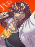  1boy animal_ears bara black_shirt brown_hair chanomaru commentary fangs furry furry_male highres horns jewelry labcoat lion_boy lion_ears long_hair male_focus muscular muscular_male necklace notice_lines one_eye_closed open_mouth pawpads pazuzu_(housamo) pectoral_cleavage pectorals purple_nails red_background shirt simple_background smile solo star_(symbol) tokyo_afterschool_summoners upper_body yellow_eyes 