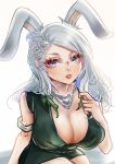  1girl absurdres akira-tama animal_ears black_dress breasts cleavage dress final_fantasy final_fantasy_xiv grey_eyes grey_hair highres jewelry large_breasts long_hair looking_at_viewer mole mole_under_mouth necklace rabbit_ears sitting solo viera warrior_of_light_(ff14) 