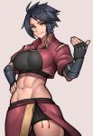  1girl abs absurdres black_hair borrowed_character breasts brown_eyes closed_mouth commission fingerless_gloves gloves hair_ornament hairclip highres large_breasts looking_at_viewer muscular muscular_female navel original roadi3 short_hair smile solo 