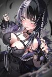  1girl :p absurdres black_choker black_dress black_hair black_nails breasts choker cleavage coat dress fur_trim grey_hair hair_ornament highres hololive hololive_english jacket large_breasts long_hair looking_at_viewer multicolored_hair naughty_face osechi_(pixiv56606477) shiori_novella smile solo split-color_hair tongue tongue_out two-tone_hair virtual_youtuber white_hair yellow_eyes 