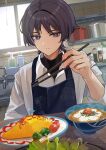  1boy amaguri_ya apron artist_name black_hair black_shirt blue_apron blunt_ends bottle bowl broccoli cherry_tomato chopsticks closed_mouth collared_shirt commentary_request cooking_pot eyeshadow faucet food genshin_impact hand_soap hand_up highres holding holding_chopsticks indoors ketchup lettuce long_sleeves looking_at_viewer makeup male_focus multicolored_hair omelet omurice parted_bangs plate purple_eyes purple_hair red_eyeshadow scaramouche_(genshin_impact) shelf shimi_chazuke_(genshin_impact) shirt short_hair sink solo streaked_hair table tomato turtleneck twitter_username undershirt upper_body white_shirt window wing_collar 