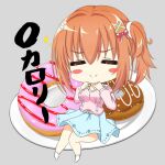  &gt;:) 1girl =_= blue_skirt blush_stickers bow breasts cafe_stella_to_shinigami_no_chou casual chibi cleavage closed_mouth double-parted_bangs doughnut food grey_background hair_between_eyes hair_bow hair_ornament hairclip hirocchi large_breasts long_sleeves medium_hair orange_hair pink_shirt plate red_bow shirt side_ponytail simple_background skirt smile smug solo sparkle sumizome_nozomi v-shaped_eyebrows x_hair_ornament 