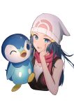  1girl absurdres beanie black_hair black_shirt blue_eyes closed_mouth commentary_request dawn_(pokemon) eyelashes hair_ornament hairclip hand_up hat highres long7nana long_hair pink_scarf piplup pokemon pokemon_(anime) pokemon_(creature) pokemon_dppt_(anime) scarf shirt simple_background sleeveless sleeveless_shirt tongue tongue_out white_background white_headwear 