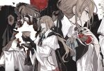  1boy black_bow black_pants black_ribbon black_shirt blood blood_in_jar blue_eyes bow brown_hair chalice coat formal highres long_hair long_sleeves low_ponytail male_focus original pants platinum_(o0baijin0o) ribbon shirt solo star_(symbol) white_coat 