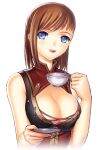  1girl :d archived_source areola_slip avatar_(ff11) bare_shoulders blue_eyes breasts brown_hair covered_nipples cup final_fantasy final_fantasy_xi holding holding_cup holding_saucer hume large_breasts open_mouth saucer sleeveless smile solo taisai_soft teacup teeth upper_teeth_only 