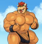  analon_(artist) anthro big_arms big_biceps big_pecs bowser bracelet broad_shoulders bulge clothed clothing genitals hair hi_res ineffective_clothing jewelry koopa looking_at_viewer male mario_bros musclegut muscular muscular_male navel nintendo nipple_fetish nipple_pinch nipple_play partially_clothed pecs penis pinch pinup pose red_hair scalie sharp_teeth smile smiling_at_viewer solo tan_body tan_skin teeth tongue tongue_out topless 