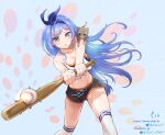  1girl absurdres animal_on_shoulder baseball baseball_bat black_shorts blue_eyes blue_hair borrowed_character bow breasts cat cleavage hair_bow highres holding holding_baseball_bat long_hair midriff minah_(chaesu) navel open_mouth original ribbon short_shorts shorts tank_top thighhighs thighs tinkst white_tank_top white_thighhighs 