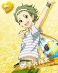  1boy bag card_(medium) character_name flip-flops green_eyes green_hair hairband holding holding_bag idolmaster idolmaster_side-m male_focus midriff_peek mitarai_shouta official_art open_mouth sandals short_sleeves smile solo towel upper_body white_hairband yellow_background 