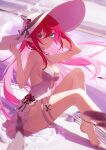  1girl absurdres anklet bare_arms bare_shoulders barefoot black_ribbon blue_eyes blurry blurry_background breasts cleavage demon_horns doily double_halo dress earrings feet flower flower_ornament hair_between_eyes halo hat hat_ribbon heterochromia highres holding holding_clothes holding_hat hololive hololive_english horns irys_(hololive) jewelry jiang_ye_kiri long_hair looking_at_viewer medium_breasts multicolored_hair nail_polish pink_eyes pointy_ears purple_hair red_flower red_hair ribbon smile solo star_halo sun_hat swept_bangs thick_thighs thigh_strap thighs toenail_polish toenails two-tone_hair very_long_hair virtual_youtuber white_dress white_headwear 