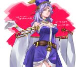  1girl bare_shoulders breasts cape celine_jules cleavage dated detached_cape earrings elbow_gloves facial_mark forehead_mark gloves hat heart heart_tattoo highres jewelry leg_tattoo lipstick long_hair looking_at_viewer makeup mayashtale open_mouth pointy_hat purple_hair purple_skirt simple_background skirt smile solo star_ocean star_ocean_the_second_story tattoo white_background 