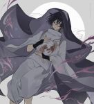  1boy black_hair blood blood_on_clothes closed_mouth floral_print genshin_impact hair_between_eyes highres japanese_clothes lofter_username looking_at_viewer male_focus multicolored_hair purple_eyes purple_hair scaramouche_(genshin_impact) scaramouche_(kabukimono)_(genshin_impact) simple_background solo two-tone_background veil vidoakdame wide_sleeves 