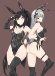  2girls animal_ears architect_(girls&#039;_frontline) black_gloves black_hair black_hairband black_leotard black_nails black_thighhighs black_wrist_cuffs breasts brown_background detached_collar elbow_gloves fake_animal_ears fake_tail fingerless_gloves gager_(girls&#039;_frontline) girls&#039;_frontline gloves grey_hair hairband highleg highleg_leotard highres large_breasts leotard long_hair medium_breasts multiple_girls one_eye_closed playboy_bunny purple_eyes rabbit_ears rabbit_tail red_nails sangvis_ferri side_ponytail simple_background single_elbow_glove smile strapless strapless_leotard tail thighhighs very_long_hair wrist_cuffs yellow_eyes zafuri_(yzrnegy) 