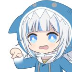  1girl animal_hood blue_eyes blue_hair blue_hoodie bright_pupils chibi gawr_gura gawr_gura_(1st_costume) grey_hair hair_ornament hololive hololive_english hood hoodie medium_hair multicolored_hair open_mouth pointing shark_hair_ornament shark_hood sharp_teeth solo streaked_hair teeth two_side_up upper_body upper_teeth_only virtual_youtuber white_pupils zephylyne 