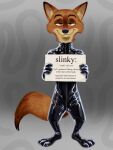  33xtc anthro canid canine clothing disney fox hi_res latex latex_clothing male mammal nick_wilde red_fox rubber_clothing rubber_suit sign smile smiling_at_viewer smirk smirking_at_viewer solo zootopia 