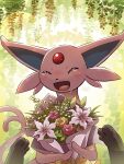  2022 3:4 black_nose black_paws blush bodily_fluids bouquet colored crying day digital_media_(artwork) digital_painting_(artwork) duo eeveelution espeon eyes_closed female_(lore) feral first_person_view floral floral_background flower flower_bouquet forked_tail fur fur_tuft generation_2_pokemon hakkentai_pkdn happy hi_res male_(lore) monotone_body nintendo open_mouth open_smile outside pink_body pink_ears pink_fur pink_tail plant pmd:_discovery_team_of_stars_and_souls pokemon pokemon_(species) pokemon_mystery_dungeon quadruped red_gem shadow signature smile tail tears tears_of_joy tongue tuft umbreon unusual_anatomy unusual_tail 