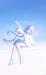  1girl ahoge arm_up blue_eyes blue_hair braid cloud commentary_request dress highres jewelry long_hair looking_at_viewer mushoku_tensei necklace outdoors roxy_migurdia short_sleeves sitting sky solo twin_braids upskirt very_long_hair wangza white_dress white_footwear wide_sleeves wind 