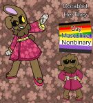  2019 anthro apollysabyss big_ears biped black_sclera brown_body brown_ears brown_fur brown_tail character_name clothing dorabbit_(apollysabyss) fur lagomorph leporid lgbt_pride mammal model_sheet nonbinary_(lore) nonbinary_pride_colors pink_clothing pride_color_flag pride_colors pronouns rabbit solo tail yellow_clothing yellow_eyes 