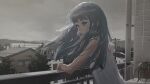  1girl balcony building cloud cloudy_sky dress grey_eyes grey_hair k1llg long_hair original outdoors parted_lips plant potted_plant power_lines railing sky sleeveless sleeveless_dress solo tree upper_body utility_pole white_dress 