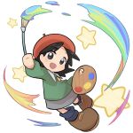  1girl adeleine black_eyes black_hair child female_child green_shirt hat highres holding holding_paintbrush holding_palette kirby&#039;s_dream_land kirby_(series) kirby_64 looking_at_viewer open_mouth paint paintbrush palette_(object) poyo_party shirt shoes skirt smile solo star_(symbol) 