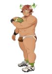  1boy american_football_(object) animal_ears ball bara brown_eyes brown_hair bulge cow_boy cow_ears dark-skinned_male dark_skin eye_black facial_hair fiery_horns forked_eyebrows from_side full_body glowing_horns goatee green_socks highres holding holding_ball horns kosuke_(ksk11ksk11) looking_at_viewer male_focus muscular muscular_male navel one_eye_closed rugby_underwear short_hair sideburns smile socks solo spiked_hair standing stomach thick_eyebrows thick_thighs thighs tokyo_afterschool_summoners topless_male wakan_tanka 