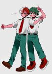  2boys :o absurdres alternate_skin_color anna_(aannnaa3) arm_up belt belt_buckle black_belt blue_eyes blush_stickers boku_no_hero_academia bright_pupils brown_footwear buckle burn_scar closed_mouth collared_shirt colored_skin commentary cross-laced_footwear eyebrows_hidden_by_hair fingernails freckles from_side full_body green_eyes green_hair green_pants grey_background grey_eyes hands_up heterochromia highres leg_up looking_at_viewer looking_to_the_side male_focus midoriya_izuku multicolored_hair multiple_boys necktie open_mouth outstretched_arms pants pink_nails pink_skin red_footwear red_hair red_necktie scar scar_on_face school_uniform shirt shoes short_eyebrows short_hair short_sleeves sideways_glance simple_background sneakers sound_effects split-color_hair spread_arms summer_uniform teeth todoroki_shouto two-tone_hair u.a._school_uniform upper_teeth_only v walking white_hair white_pupils white_shirt wing_collar 