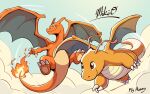  absurdres animal_focus artist_name brown_eyes charizard claws cloud colored_skin dragon dragon_wings dragonite english_commentary english_text fire flying highres horns no_humans nostrils orange_skin pokemon pokemon_(creature) puppercase smile tail wings 