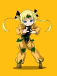  1girl :o belt black_bodysuit black_ribbon blonde_hair blue_eyes bodysuit commentary_request cosplay crotch_cutout dio_brando dio_brando_(cosplay) floating_hair full_body fusuma_(suwaru_boom) glaring green_belt hair_ribbon heart_headband heart_kneepads highres index_fingers_raised jacket jojo_no_kimyou_na_bouken kill_me_baby knee_pads long_hair long_sleeves open_clothes open_jacket pants parted_bangs parted_lips pointing pointing_at_viewer pointy_footwear puffy_pants ribbon solo sonya_(kill_me_baby) standing stardust_crusaders twintails v-shaped_eyebrows yellow_background yellow_footwear yellow_jacket yellow_pants 