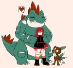  1boy black_eyes black_footwear black_jacket boots closed_eyes closed_mouth fangs fangs_out feraligatr heart highres jacket long_sleeves male_focus medium_hair pants pokemon pokemon_(creature) pokemon_(game) pokemon_gsc red_hair silver_(pokemon) sneasel spoken_heart standing tyako_089 white_background white_pants 