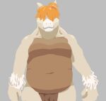  2019 anthro arm_tuft belly bottomwear brown_belly clothed clothing cowlick digital_drawing_(artwork) digital_media_(artwork) equid equine front_view fur grey_background hair hair_over_eyes horse loincloth male mammal nobodyshouse obscured_eyes orange_hair portrait simple_background slightly_chubby slightly_chubby_male smile solo standing tan_body tan_fur three-quarter_portrait topless tuft wrist_tuft 