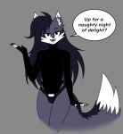  anthro blue_eyes canid canine canis clothing dark_hair dark_tongue felid fox girly goth hi_res hybrid leopard male mammal naitokitsune pantherine solo speech_bubble sweater topwear turtleneck wolf 