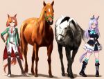  2girls 2others animal_ears black_footwear black_jacket boots bow bowtie brown_background creature_and_personification cross-laced_footwear ear_ribbon fantomyu full_body green_bow green_bowtie green_jacket green_ribbon horse horse_ears horse_girl horse_tail ikuno_dictus_(racehorse) ikuno_dictus_(umamusume) jacket lace-up_boots long_hair looking_at_another looking_at_viewer mejiro_mcqueen_(racehorse) mejiro_mcqueen_(umamusume) multicolored_hair multiple_girls multiple_others necktie orange_hair pants purple_eyes purple_hair red_necktie ribbon round_eyewear simple_background streaked_hair swept_bangs tail thigh_boots umamusume white_hair white_pants yellow_eyes 