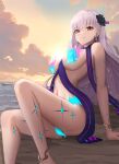  1girl anklet bare_shoulders beach blue_fire blush body_markings bracelet breasts cloud earrings fate/grand_order fate_(series) fire flower gradient_sky hair_flower hair_ornament hair_ribbon highres jewelry kama_(fate) kama_(swimsuit_avenger)_(fate) kama_(swimsuit_avenger)_(third_ascension)_(fate) large_breasts long_hair looking_at_viewer lotus navel orange_sky phaethonvt red_eyes revealing_clothes ribbon shore sitting sky smile solo star_(symbol) star_earrings sunset thighs twilight white_hair 