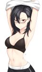  1girl absurdres armpits arms_up black_hair black_sports_bra breasts english_commentary glasses highres large_breasts looking_at_viewer navel original raise094 red_eyes simple_background smile solo sports_bra undressing white_background 