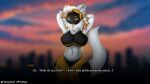  :3 armor belly blurred_background female fur grey_ears hi_res inner_ear_fluff juno_(my_furry_protogen) looking_at_viewer machine markings muscular muscular_female neck_tuft orange_markings protogen protogen_visor raised_arms raised_tail smile smiling_at_viewer standing tail text_box thick_thighs tuft visual_novel visual_novel_interface white_body white_fur 