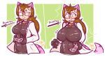  anthro bell bell_collar big_breasts blush blush_lines bodysuit bovid bovine breast_expansion breast_size_difference breasts brown_hair cat_tail clothing coat collar controller erect_nipples expansion eyewear fan_character felid feline female game_controller glasses hair horn huge_breasts hyper hyper_breasts lab_coat latex mammal mikifluffs nipples orange_eyes rubber rubber_clothing rubber_suit skinsuit surprise surprised_expression tight_clothing topwear 