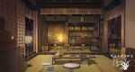  architecture artist_logo book candle candlestand east_asian_architecture fire highres indoors katana lamp no_humans open_door original scenery scroll shouji sliding_doors sword table weapon window xingzhi_lv 