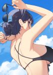  1girl bikini black_bikini blue_eyes blue_hair blue_sky breasts chain_headband cloud day erezu from_behind front-tie_bikini_top front-tie_top hair_bun highres holding holding_eyewear hololive hololive_english large_breasts looking_at_viewer looking_back ouro_kronii outdoors short_hair sky solo sunglasses swimsuit virtual_youtuber 