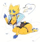  anthro blue_eyes breasts clothed clothing female fur generation_5_pokemon joltik looking_at_viewer nintendo pokemon pokemon_(species) simple_background solo togetoge yellow_body yellow_fur 