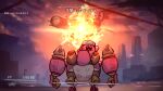  absurdres armored_core armored_core_6 blush_stickers building explosion from_behind gameplay_mechanics goggles goggles_on_head halberd_(airship) highres kirby kirby:_planet_robobot kirby_(series) looking_at_viewer mechanical_arms no_humans robobot_armor robot shiburingaru 
