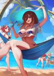  5girls ;d alternate_costume ass bare_legs barefoot beach bikini black_bikini blue_bikini blue_eyes blush bottle breasts brown_hair cleavage collarbone cropped_shirt go-toubun_no_hanayome hair_between_eyes halterneck hammock hat highres hiyoku holding holding_bottle large_breasts linea_alba looking_at_viewer multiple_girls nakano_ichika nakano_itsuki nakano_miku nakano_nino nakano_yotsuba one_eye_closed outdoors palm_tree playing ramune see-through see-through_shirt siblings side-tie_bikini_bottom sisters sitting smile sun_hat swimsuit toes tree twins 