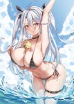  1girl :q absurdres ahoge anchor_symbol azur_lane between_breasts bikini black_bikini blue_sky breasts closed_mouth cloud day floating_hair food_between_breasts highres ice_cream_cone kanesada_dp large_breasts leaning_forward long_hair looking_at_viewer mole mole_on_breast navel official_alternate_costume orange_eyes outdoors prinz_eugen_(azur_lane) prinz_eugen_(unfading_smile)_(azur_lane) sky smile solo stomach strap_pull swimsuit thigh_strap tongue tongue_out two_side_up very_long_hair wading water white_hair 