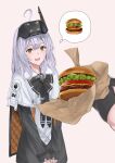  2girls absurdres ahoge blush burger cheese cloak drooling food gloves goddess_of_victory:_nikke head-mounted_display highres holding holding_food imagining jacket lettuce long_hair long_sleeves looking_at_viewer multiple_girls open_mouth phinease pov pov_hands red_hood_(nikke) snow_white:_innocent_days_(nikke) snow_white_(nikke) thought_bubble tomato tomato_slice white_cloak white_hair yellow_eyes 