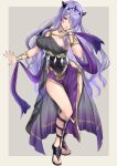  1girl alternate_costume armlet bracelet breasts camilla_(fire_emblem) cleavage dancer dancer_(three_houses) dress fire_emblem fire_emblem:_three_houses fire_emblem_fates gladiator_sandals greek_clothes hair_over_one_eye highres jewelry large_breasts long_hair looking_at_viewer pelvic_curtain purple_eyes purple_hair sandals single-shoulder_dress smile snow20200 solo 