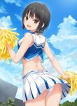  1girl aoyama_sumika ass brown_eyes cheerleader cloud coffee-kizoku highres looking_back midriff open_mouth original panties pom_pom_(cheerleading) short_hair skirt sky sleeveless smile teeth underwear upper_teeth_only white_panties 