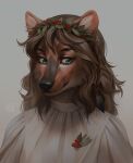  anthro artist_name black_nose brown_hair bust_portrait clothed clothing eyelashes female front_view fur green_eyes grey_background grey_clothing grey_topwear hair hi_res looking_aside marie_merkh mouth_closed orange_body orange_fur portrait simple_background solo tan_body tan_fur topwear 